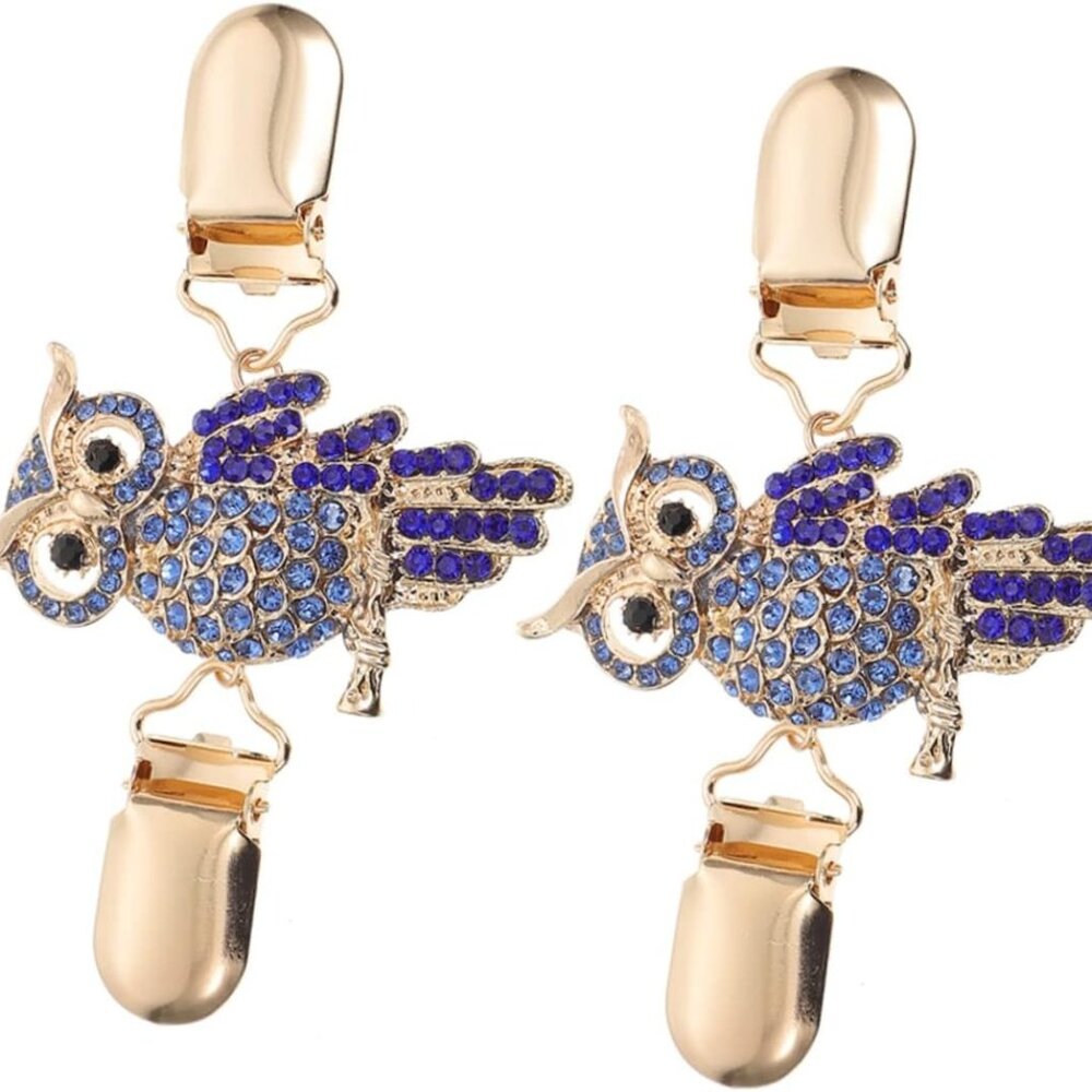 2Pc Vintage Owl Sweater Guard Cardigan Clip Rhinestone Shawl Brooch NWT